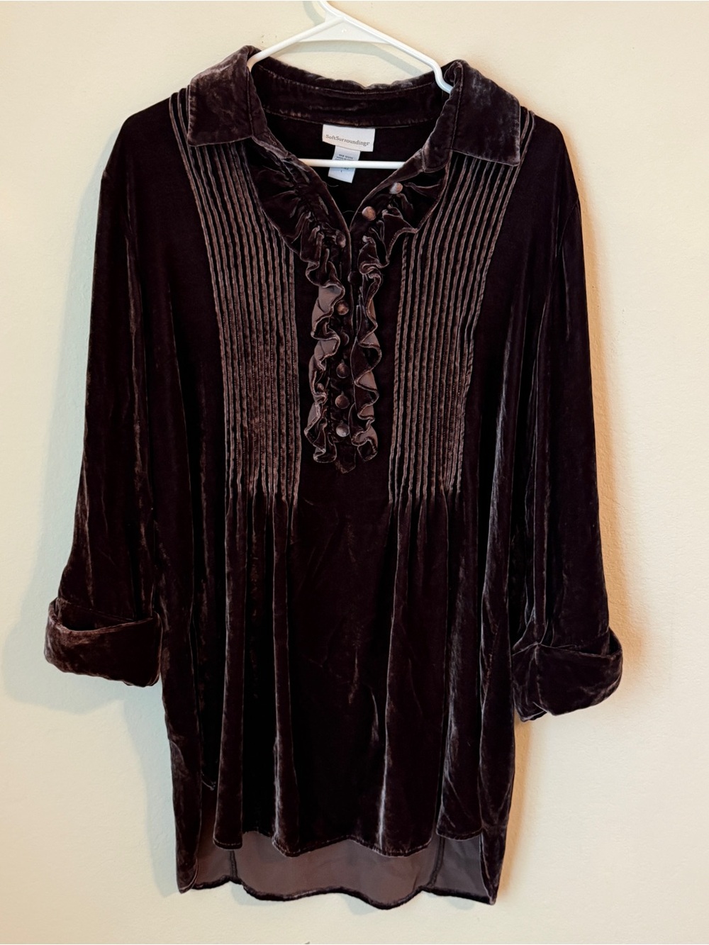Soft Surroundings Velvet Ruffle Pintuck Tunic - Chocolate Brown